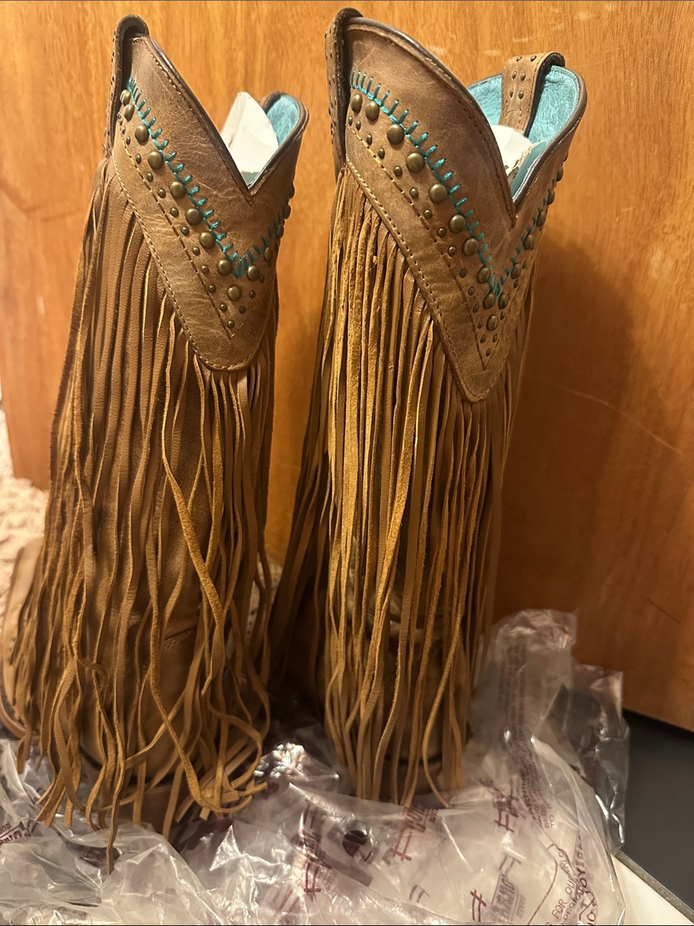 Corral Brown Leather Fringe Cowboy Boots with Turquoise Accents - Picture 8 of 10